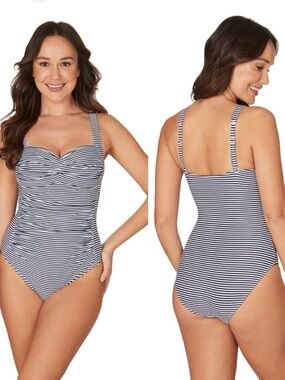 Navy and White Striped One-Piece Swimsuit - Classic Twist Front